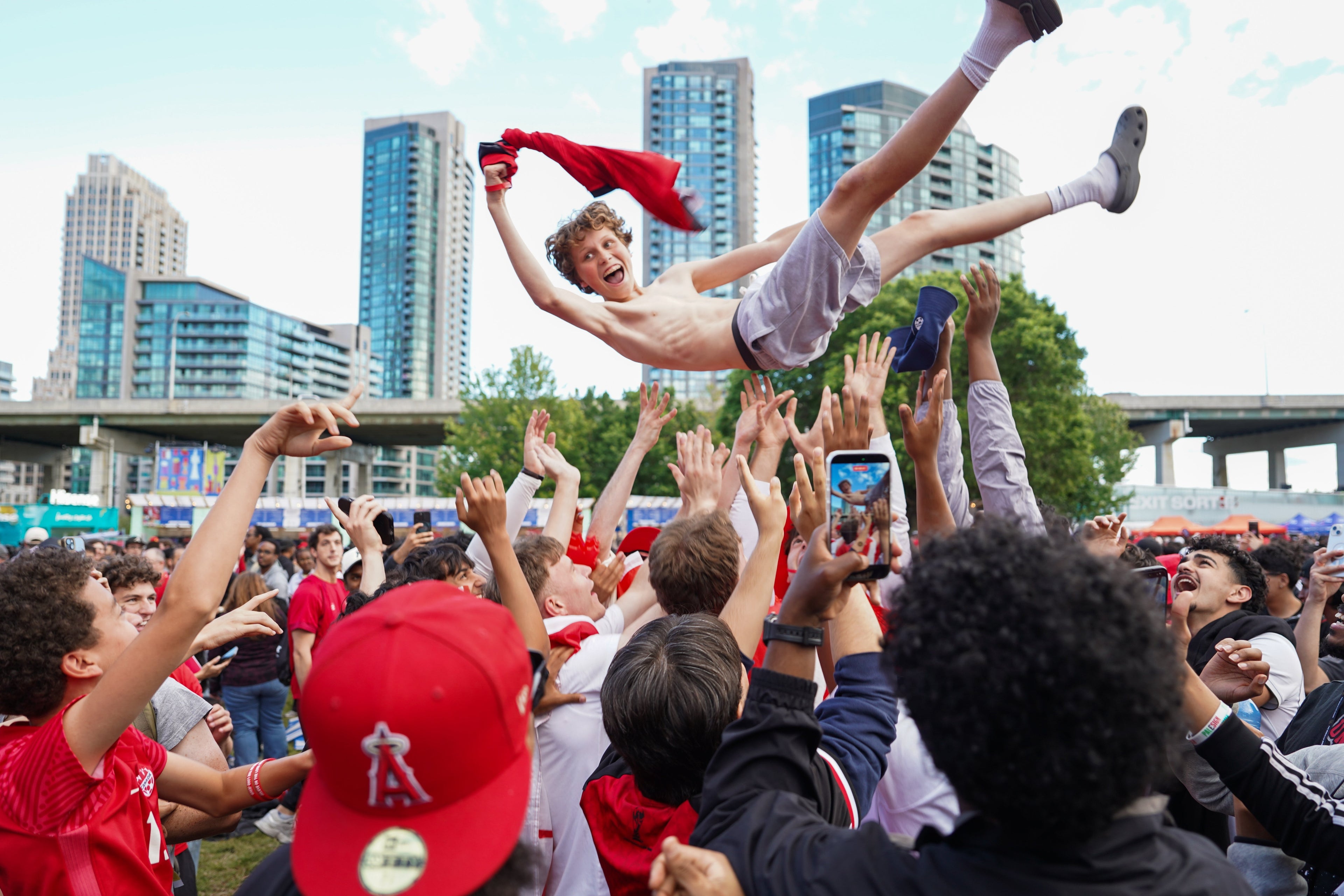 Canadian fans attend the 2026 FIFA World Cup Fan Festival to support their own team for the match between Canada and Qatar at Fort York Blvd. on June 19, 2026 in Toronto, Canada. (Photo by Leonardo Ramirez)