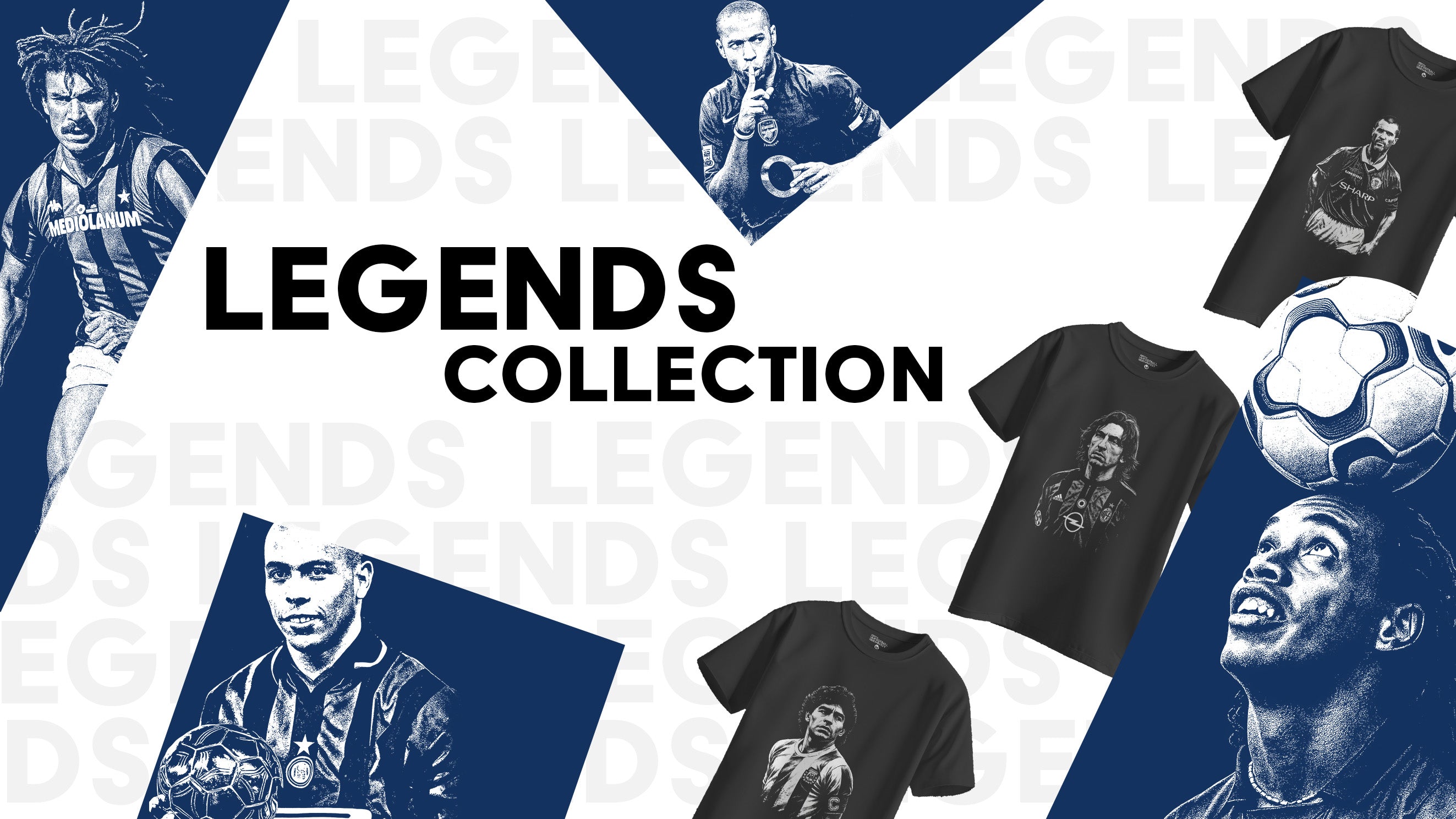 Legends Collection t-shirts with sports-themed graphics on a blue and white background.